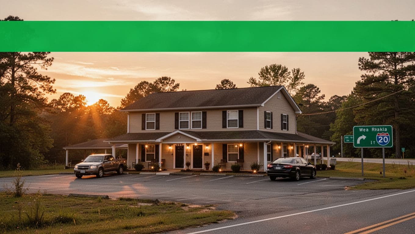 Greystone Inn roadside hotel exterior at sunset in rural Alabama, with Vance Hotels green headline band above.