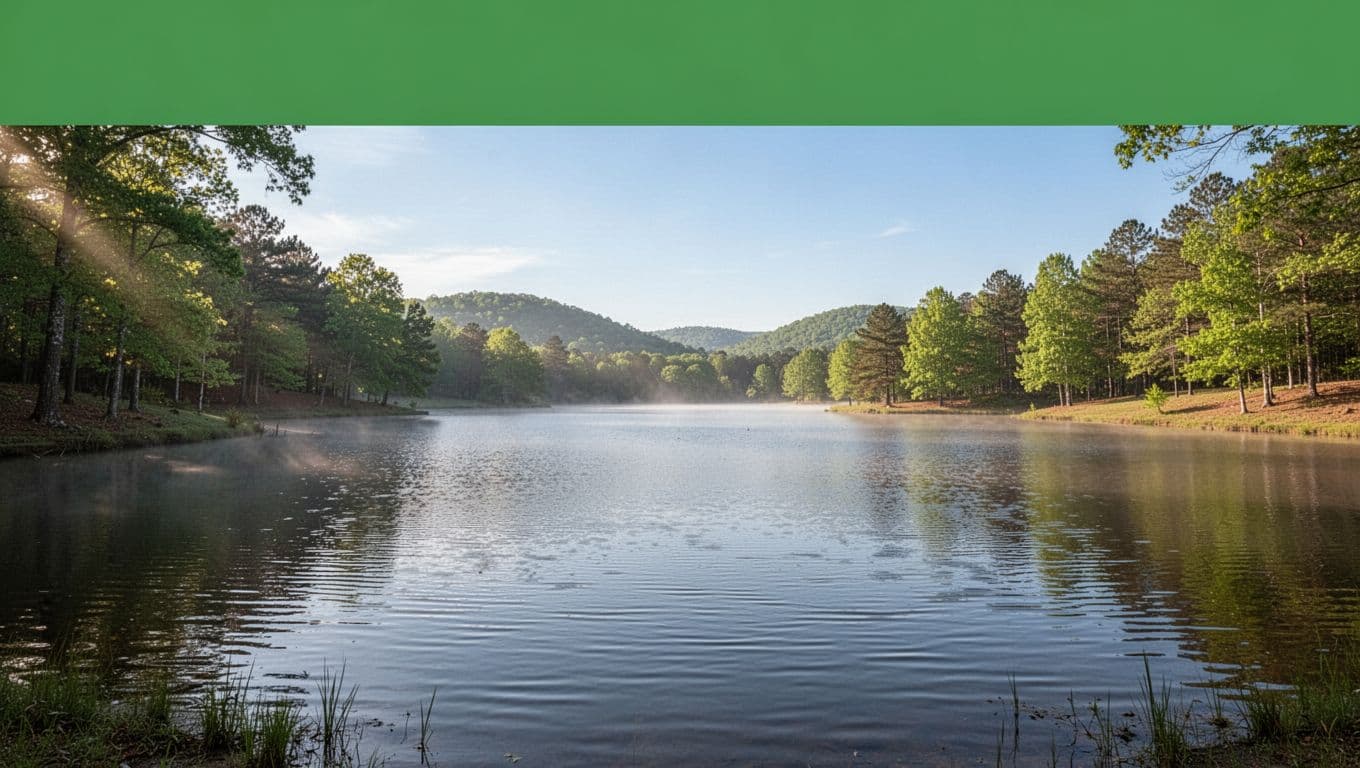 Green top banner with bold white 'Vernon Escape' over calm Lamar County Lake, trees, hills, and blue sky.