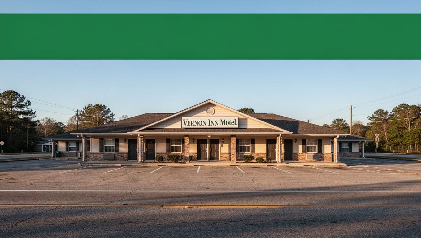 Green top banner reads 'Vernon Stays' above clean Vernon Inn Motel facade, empty parking lot, blue sky.