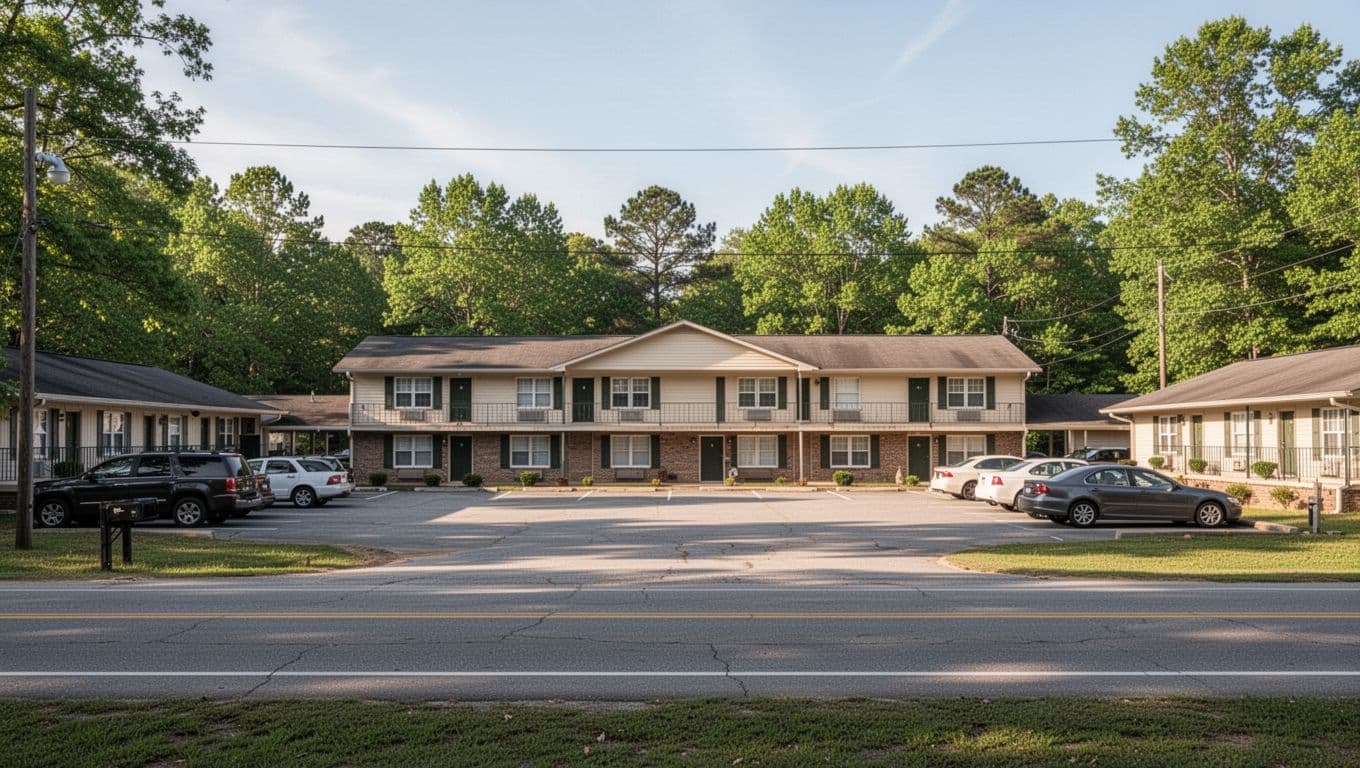 Roadside motel exterior with parking lot, few parked cars, green trees, clear daytime sky, and Voyager Inn headline on green band.