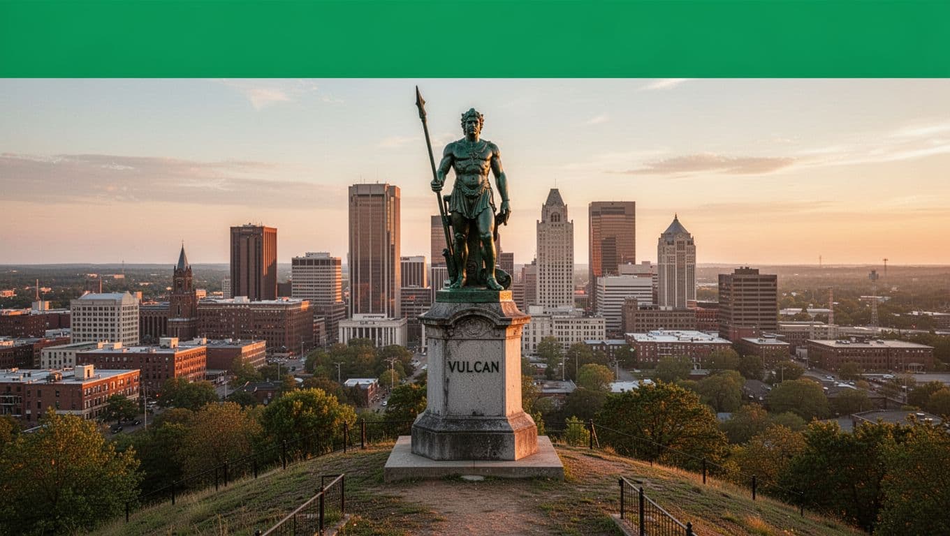 Editorial image with bold 'Vulcan Park' headline on a green band above the iconic cast iron Vulcan statue on a hilltop pedestal, overlooking the Birmingham city skyline at sunset in realistic photo style.