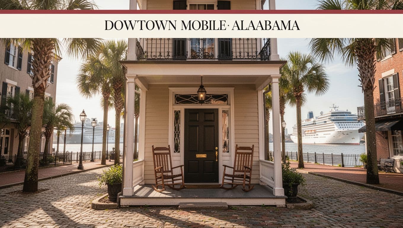 Historic boutique hotel exterior in downtown Mobile, Alabama, near the cruise terminal, with cobblestone street, palm trees, river background, and welcoming porch with rocking chairs under bright morning light. Wide-angle realistic photo in warm tones, featuring 'Walkable Hotels' headline in bold branded style.