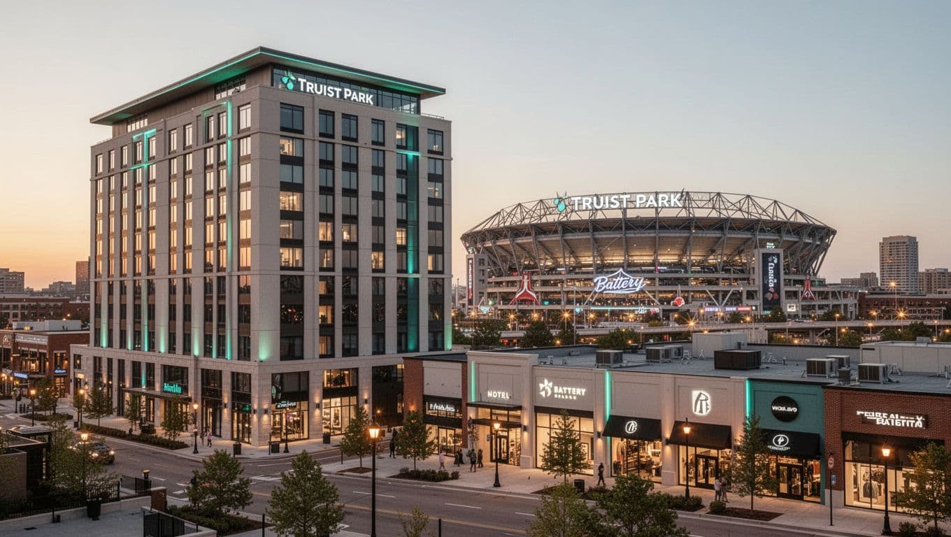 Exterior view of modern hotels in Battery Atlanta district near Truist Park stadium at dusk, with one prominent hotel in foreground, stadium in background, warm golden hour lighting, and bold 'Walkable Hotels' headline on green band at top.