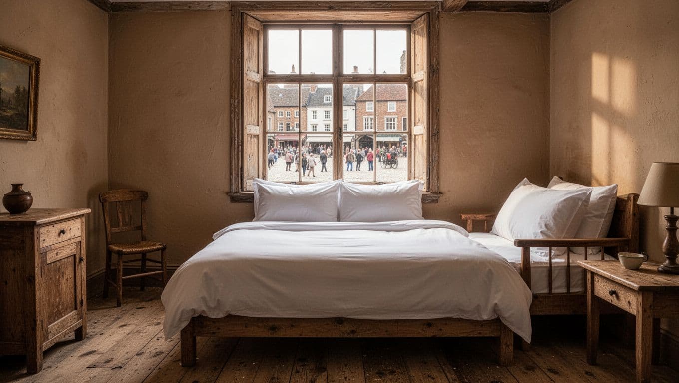 Cozy interior of a historic inn room featuring a comfortable bed and window view of the town square, with natural daylight and simple wooden furnishings. Bold 'Walkable Stays' headline on a green band at the top in editorial style.