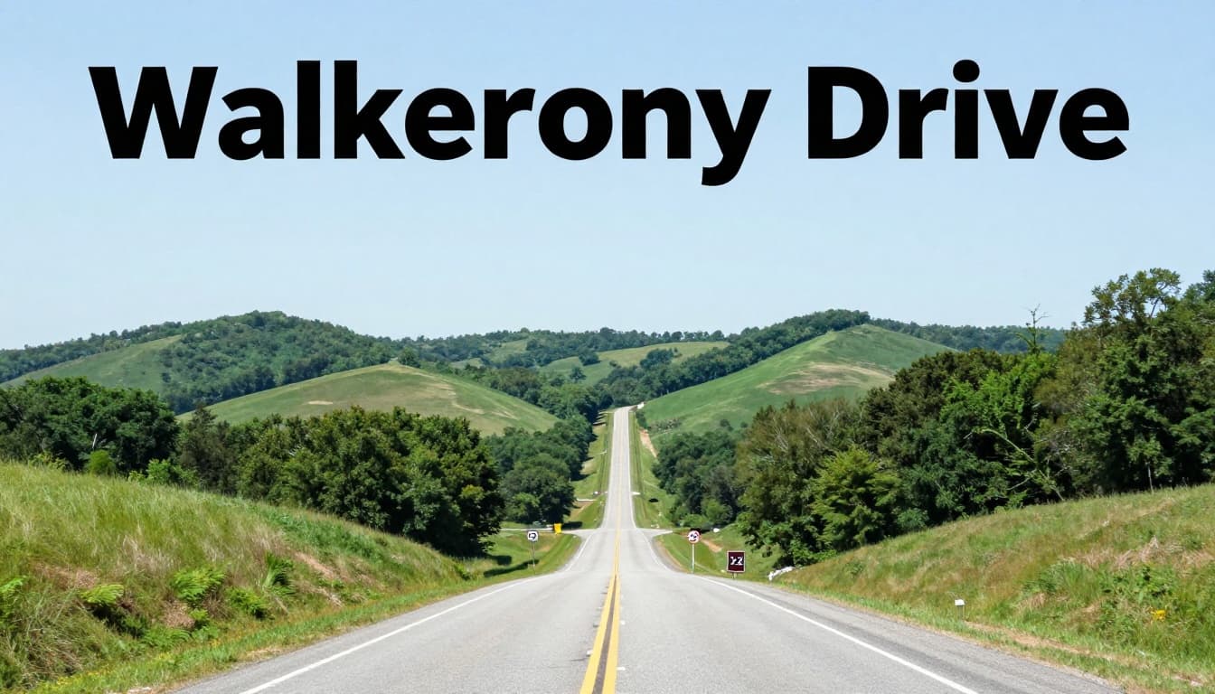 Scenic daytime view of Walker County, Alabama, with rolling hills, trees, and I-22 highway sign near Jasper, road extending to horizon amid greenery under clear sky, branded top header 'Walker County Drive'.