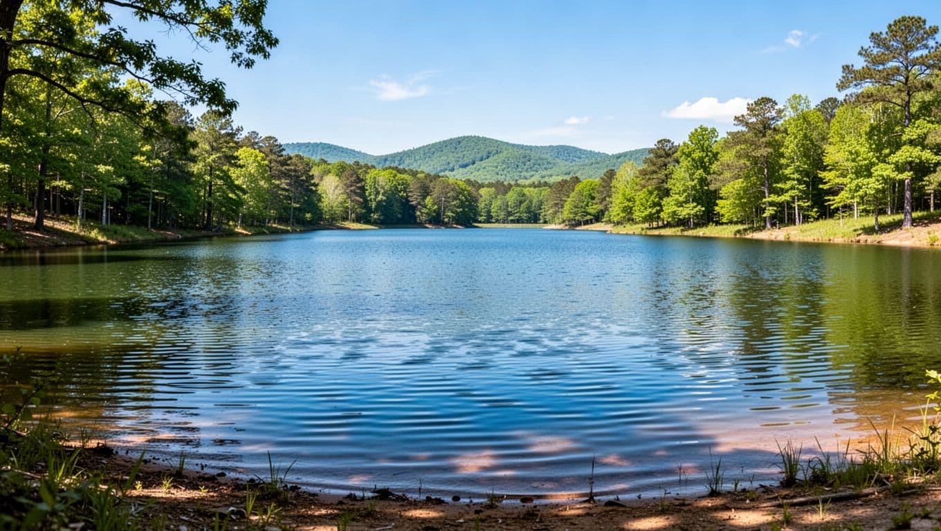 Scenic horizontal landscape of Walker County Lake in Alabama, showcasing calm waters, trees along the shore, and distant hills under bright daylight with vibrant greens and blues. Features a bold 'Local Attractions' headline in high-contrast green band near the top.