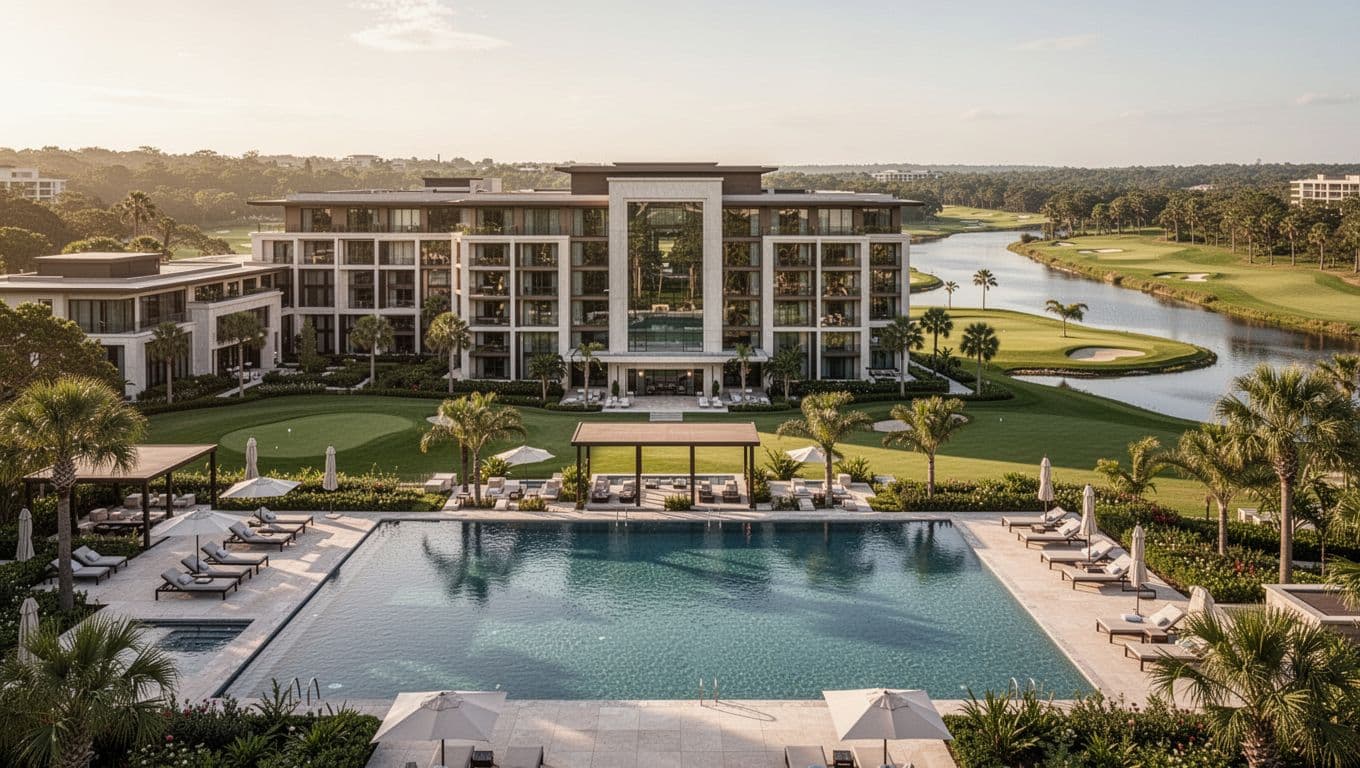 Luxury golf resort scene at Westin Savannah Harbor featuring an outdoor pool in the foreground, golf course and river in the background amid lush green landscapes, centered on the main hotel building under warm afternoon sunlight.