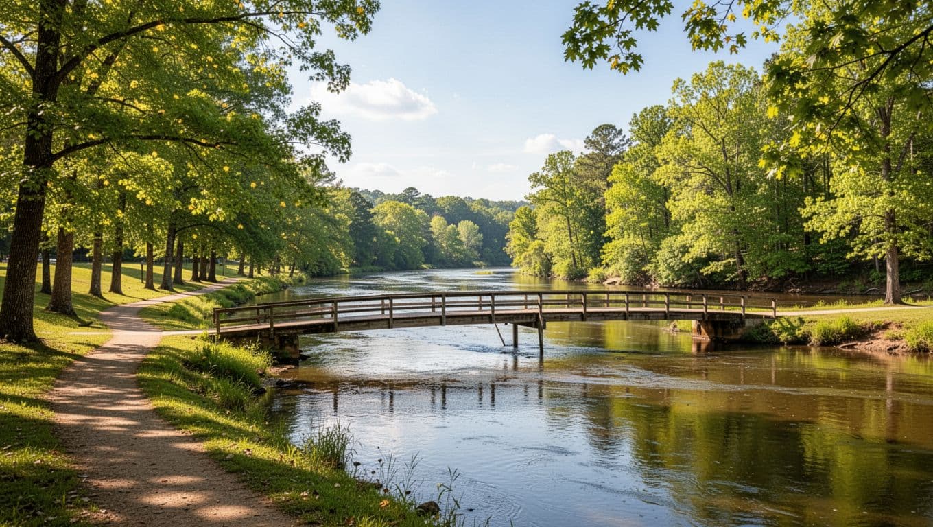 Peaceful riverside park scene in Wetumpka, Alabama, along the calm Coosa River with green trees, path, and bridge in sunny afternoon light. Features bold 'Nearby Attractions' headline in green band across the top.