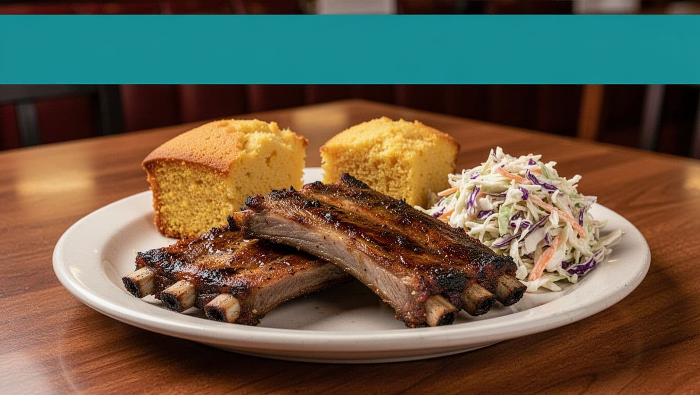 Green header band with 'Wetumpka Bites' above close-up plated ribs, cornbread, coleslaw on wooden table.