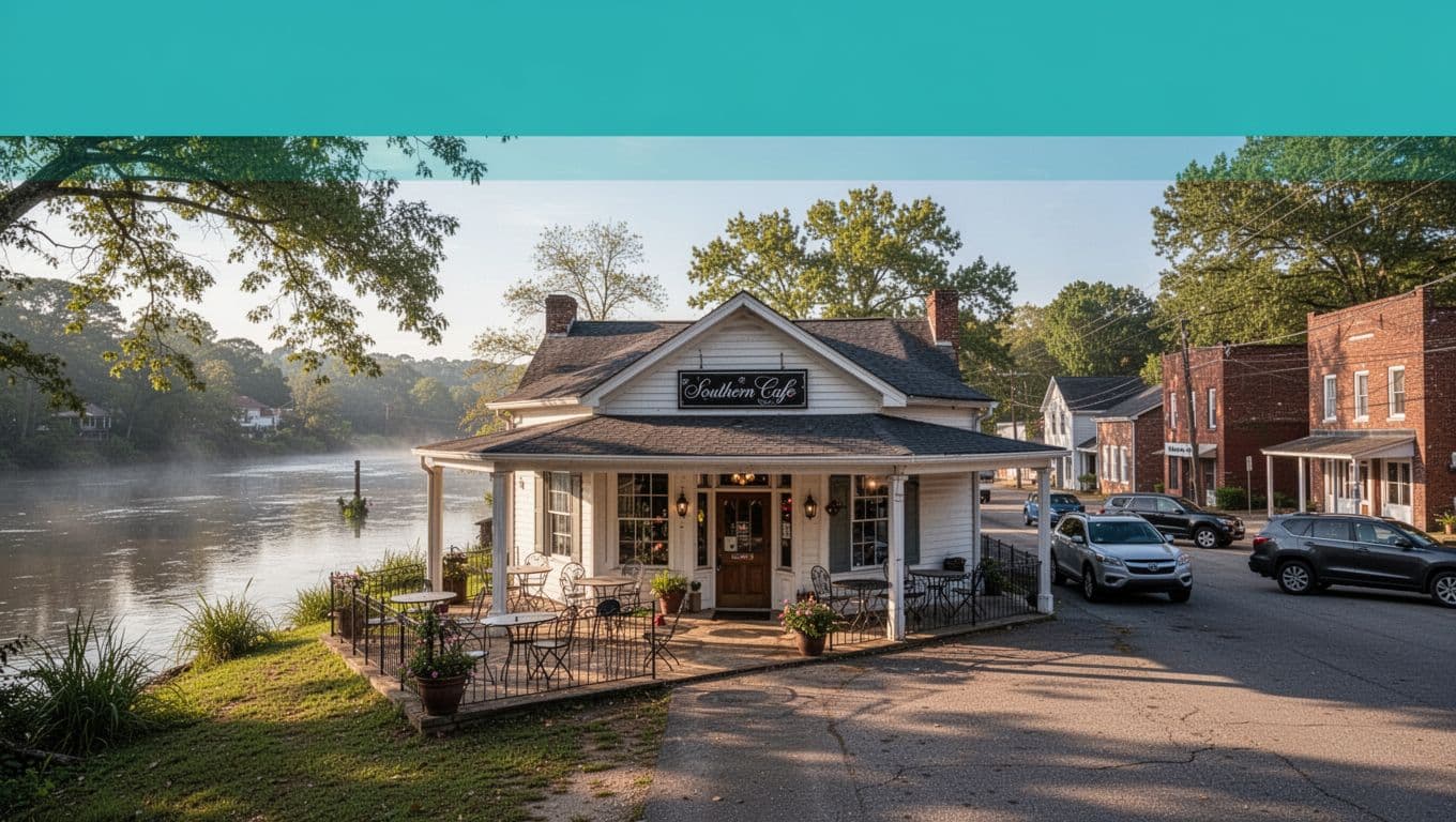 Green top band with Cafe Vibes headline over wide-angle historic cafe exterior, river view, outdoor seating, morning light.