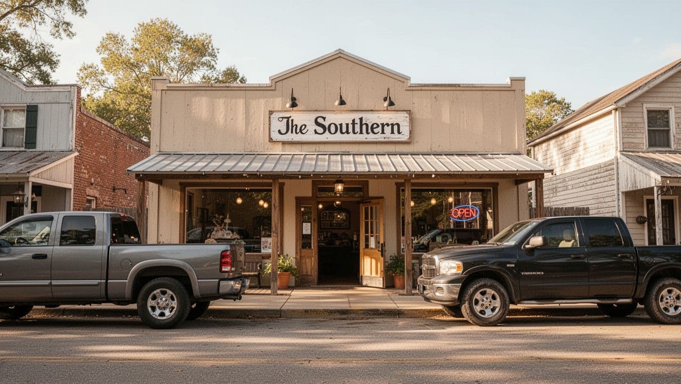 Cozy Southern restaurant exterior in small Alabama town with parked pickup trucks, welcoming door, and green Top Pick banner.
