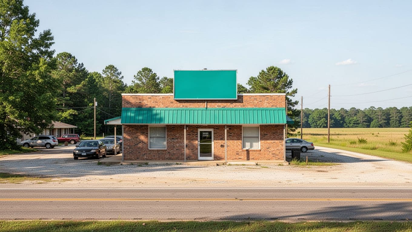 Roadside motel exterior in rural Alabama town along highway, clean brick facade with sign, few parked cars in gravel lot, green trees and fields background, sunny midday light.