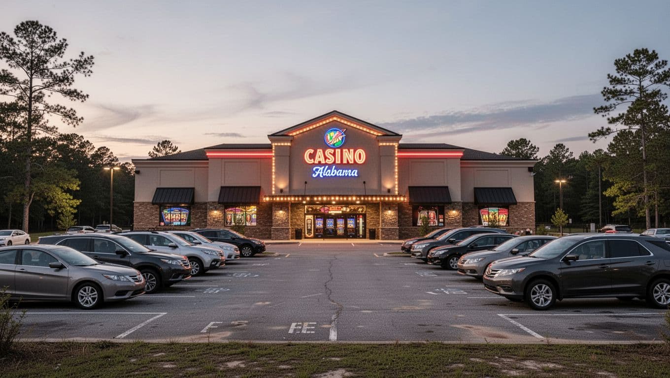 Wind Creek Casino Atmore exterior at dusk with glowing gaming lights, cars in the foreground free parking lot, focused on the single building in rural Alabama setting, realistic photo with soft evening lighting.