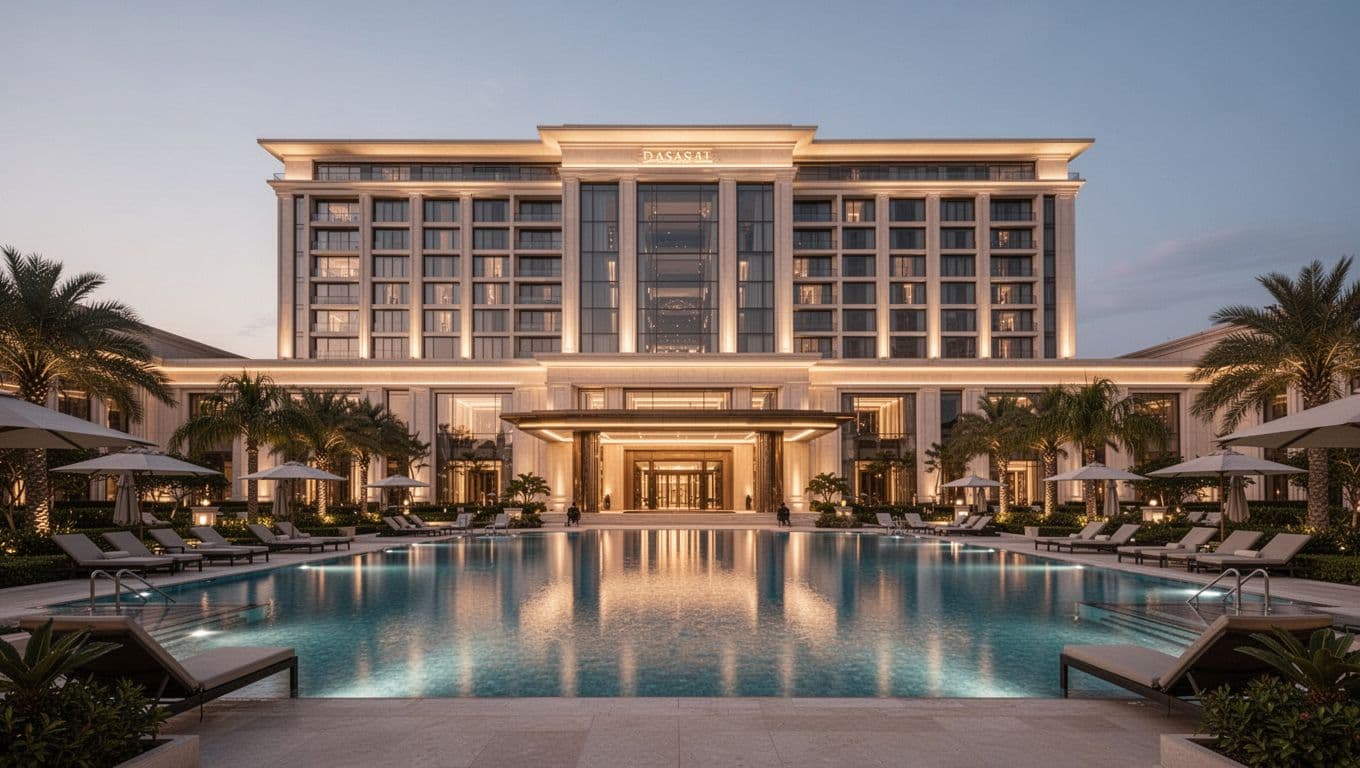 Exterior view of the Wind Creek Atmore casino hotel building at evening, illuminated with glowing lights, centered on the facade entrance and pool area, featuring a bold 'Casino Stay' headline in a green band.