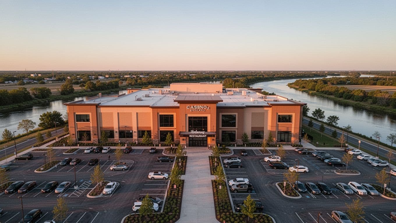 Aerial dusk view of Wind Creek Casino Wetumpka exterior with river, parking lot, and top 'Location Guide' header.