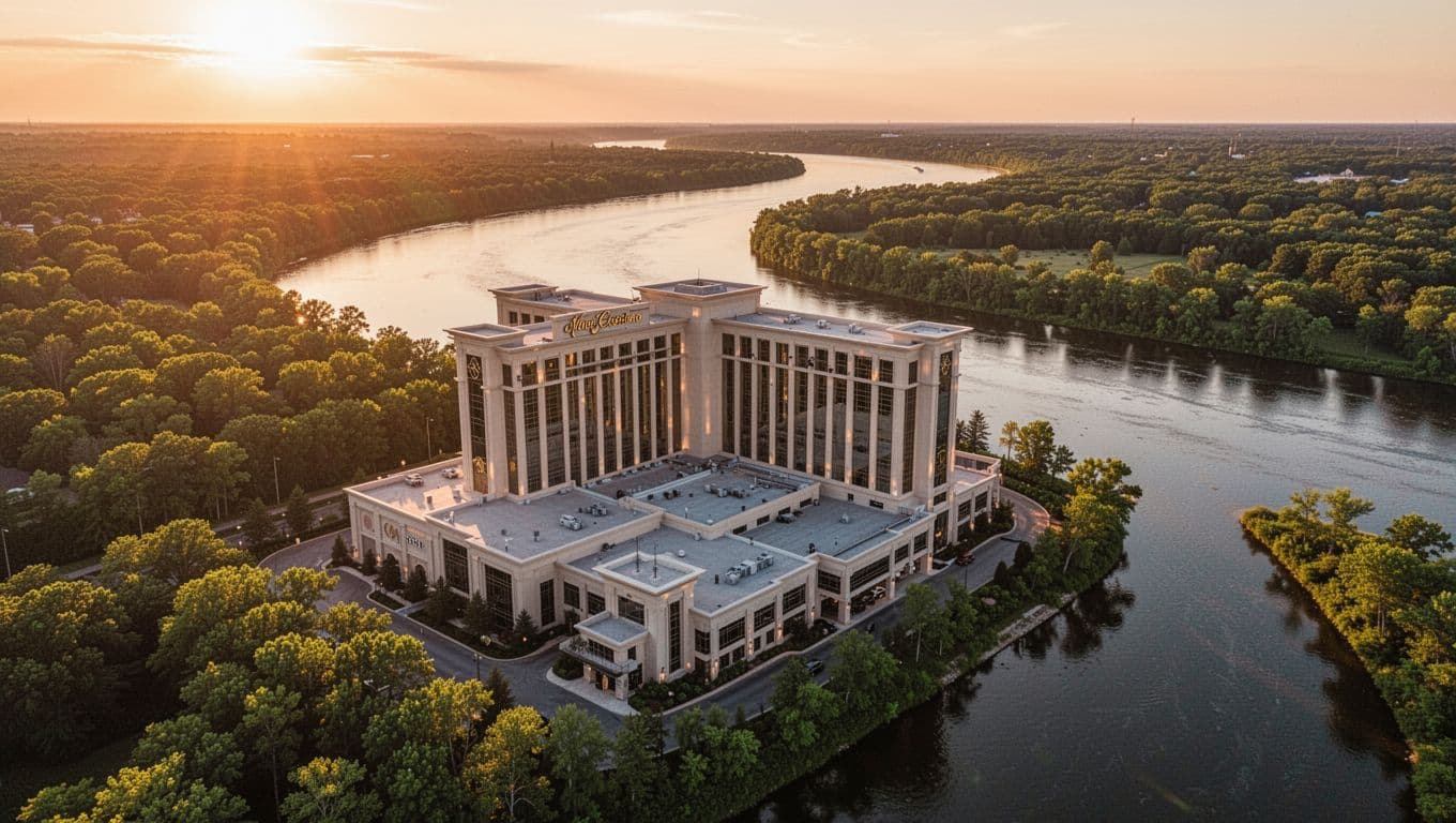 Aerial view of Wind Creek Wetumpka hotel building centered in foreground overlooking curving Coosa River at sunset, with lush green trees on sides and bold branded green header band at top.