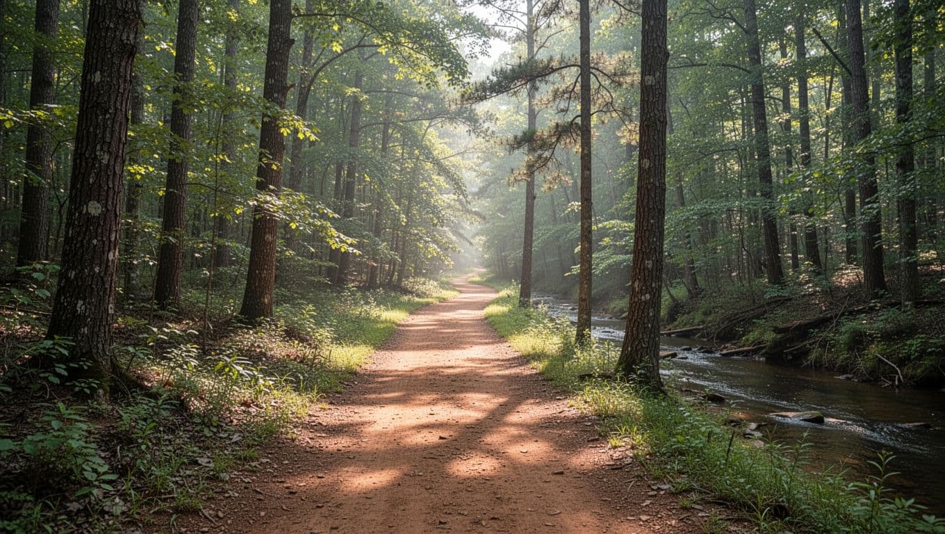 A scenic dirt hiking trail winds through a dense green forest in Winston County, Alabama, with sunlight filtering through the tall tree canopy and a small creek nearby. Soft morning light creates dappled shadows on the path leading to the horizon, featuring a bold 'Winston Trails' headline in a green band at the top.