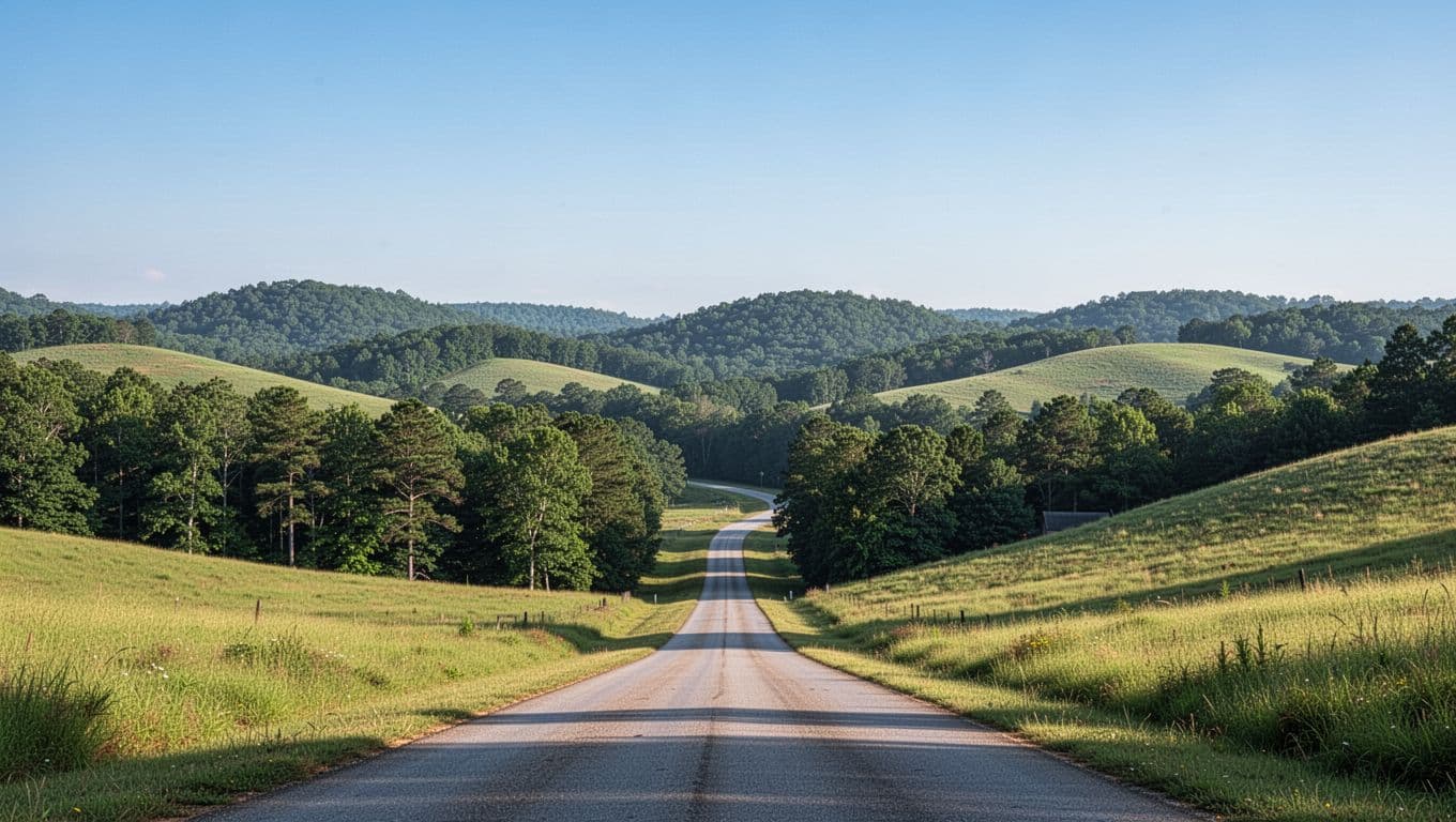 Lush green rolling hills and dense forests of Winston County, Alabama near Haleyville, featuring a winding country road under a clear blue sky in photorealistic style with branded 'Winston Base' headline.