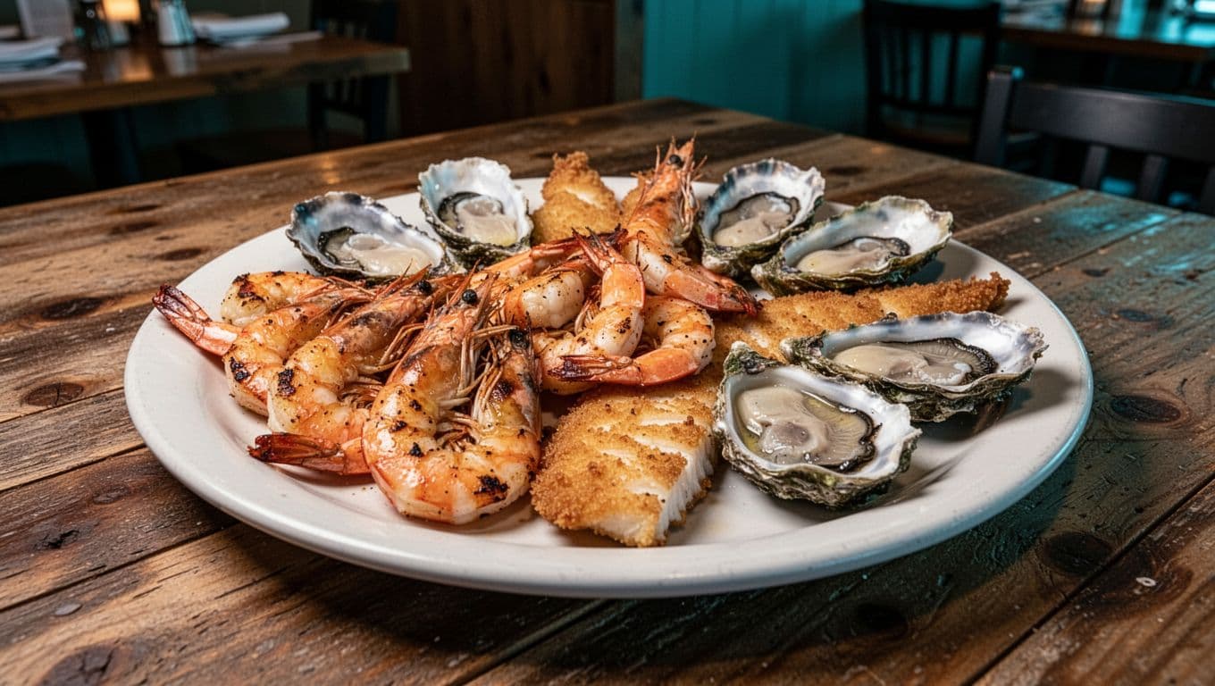 Fresh Gulf seafood platter with grilled shrimp, oysters, and fish fillets on a large white plate in a cozy Alabama seafood restaurant, highlighted with bold 'Seafood Star' branding.