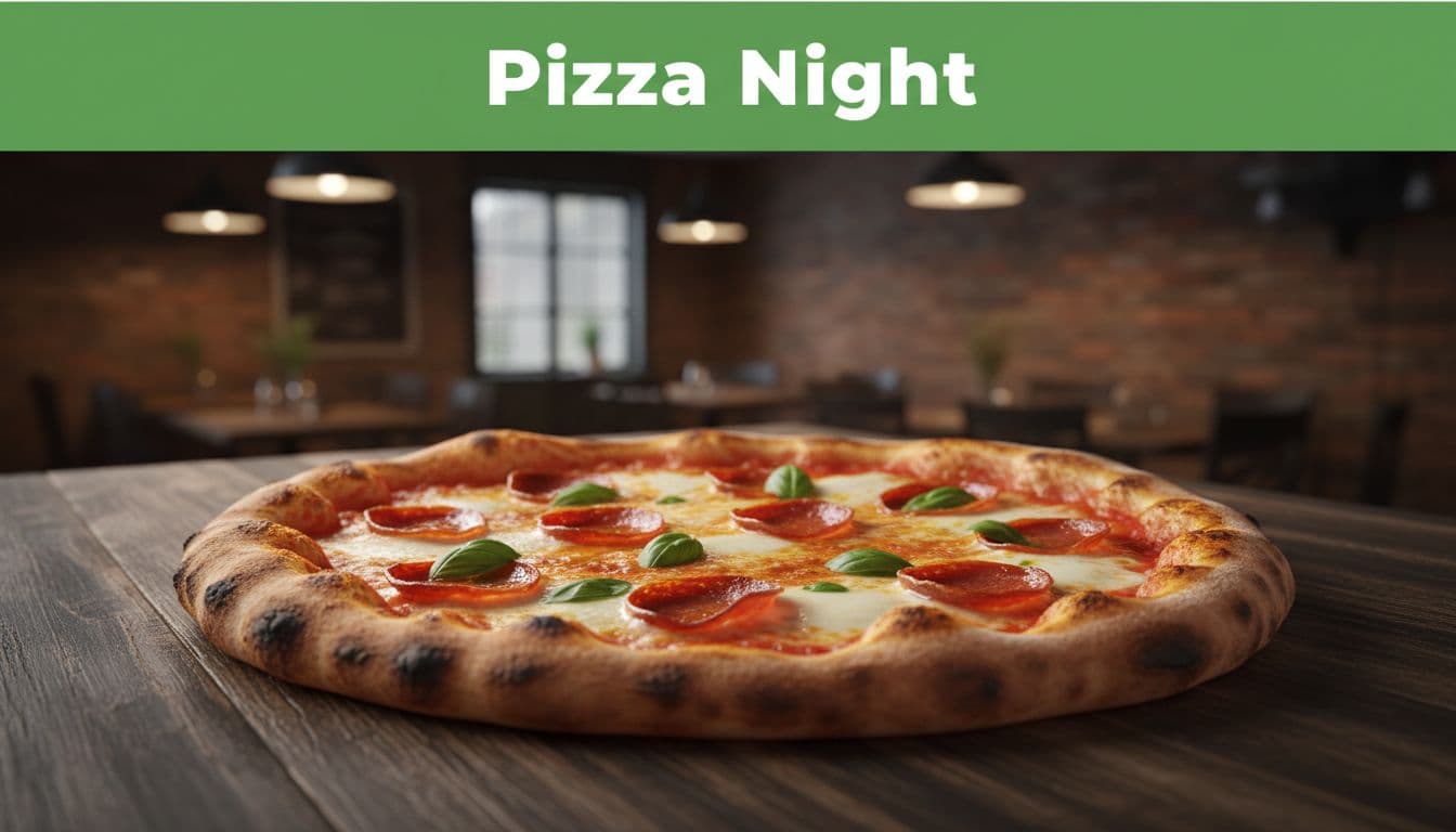 Wood-fired pizza with pepperoni, cheese, and basil on dark wooden table, green Pizza Night band at top.