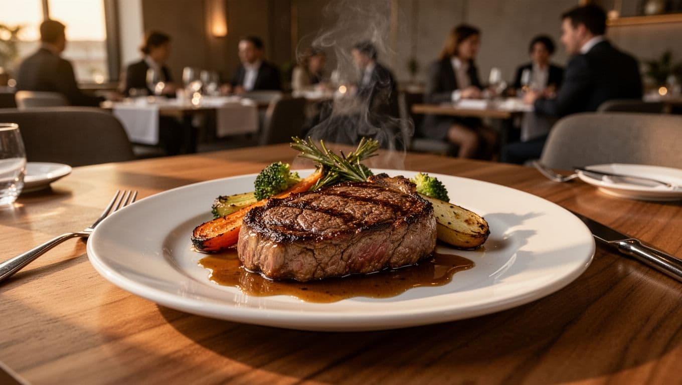 Elegant wood-fired steak with sides on white plate in upscale modern American restaurant dining room, photorealistic close-up with blurred background and branded top band.