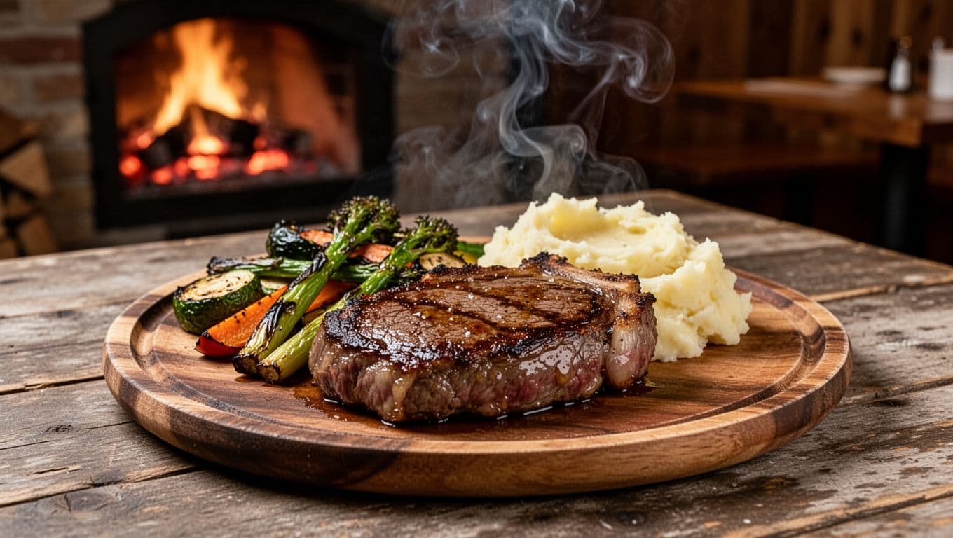 Sizzling ribeye steak with grilled vegetables and mashed potatoes on wooden plate under green STEAK PICK band.
