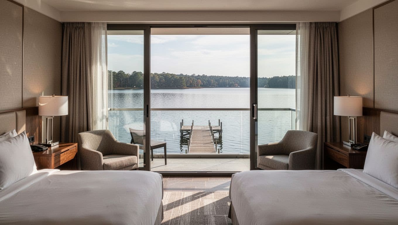 Cozy modern empty hotel room at Wyndham Garden Lake Guntersville with balcony door focusing on lake view and dock in background, natural daylight, realistic photo.
