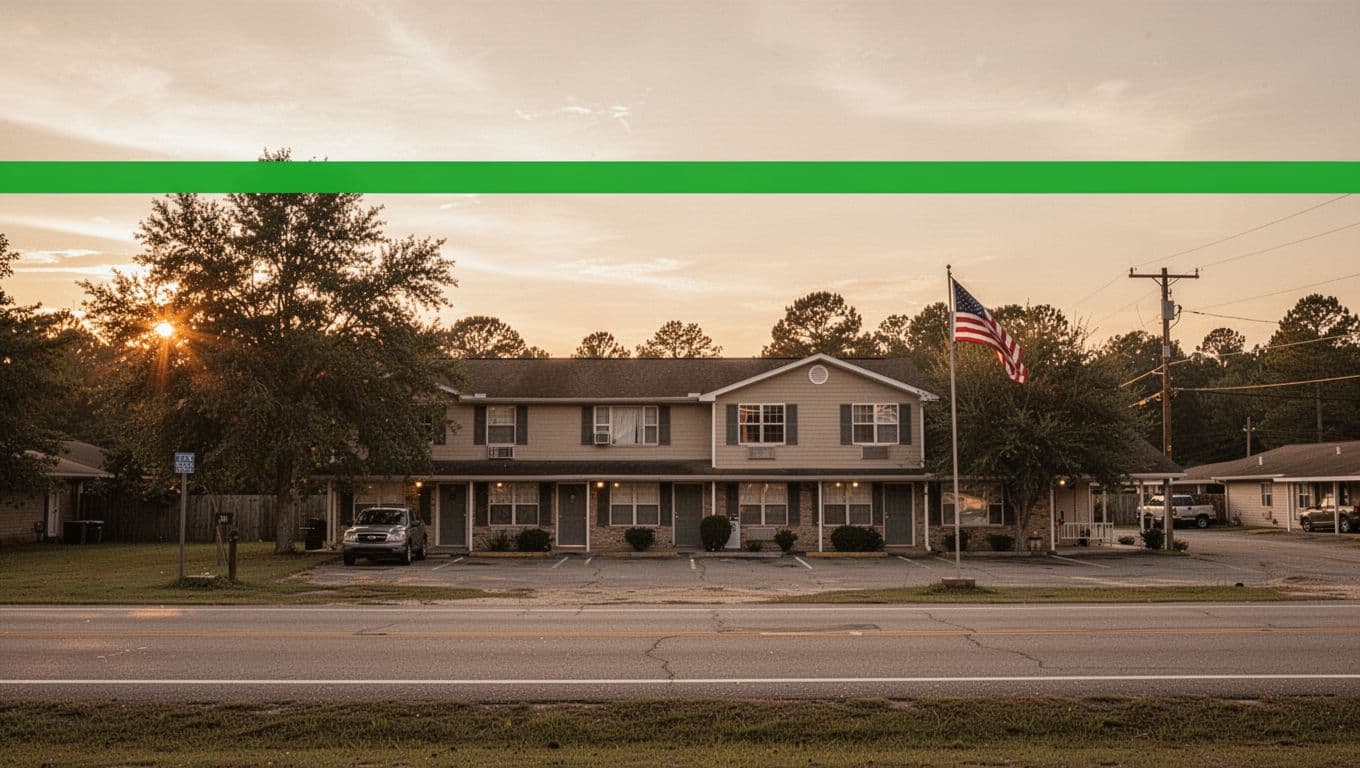 Bold branded image with 'York Inn' headline on a green color band at the top, featuring the realistic photo of a simple two-story motel exterior on a quiet rural Alabama highway during golden hour sunset. Centered composition with warm lighting, American flag, background trees, and parked car, no people or extra elements.