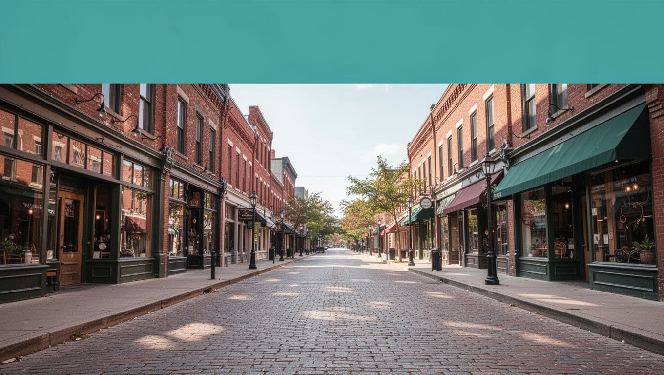 Green header band with 'ABBEVILLE SCENE' title above sunny historic downtown street lined with empty shops and restaurants.