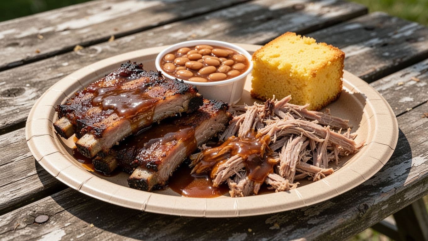 Paper plate on picnic table with saucy ribs, pulled pork, baked beans, cornbread, and green 'BBQ Plate' header band.