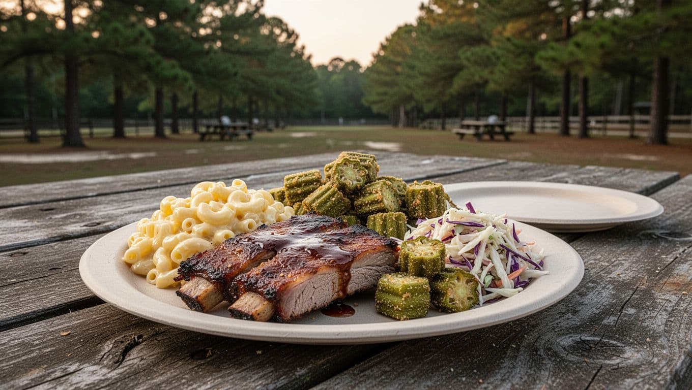 Chopped pork ribs with mac and cheese, fried okra, coleslaw on wooden picnic table, green BBQ PICK banner above.