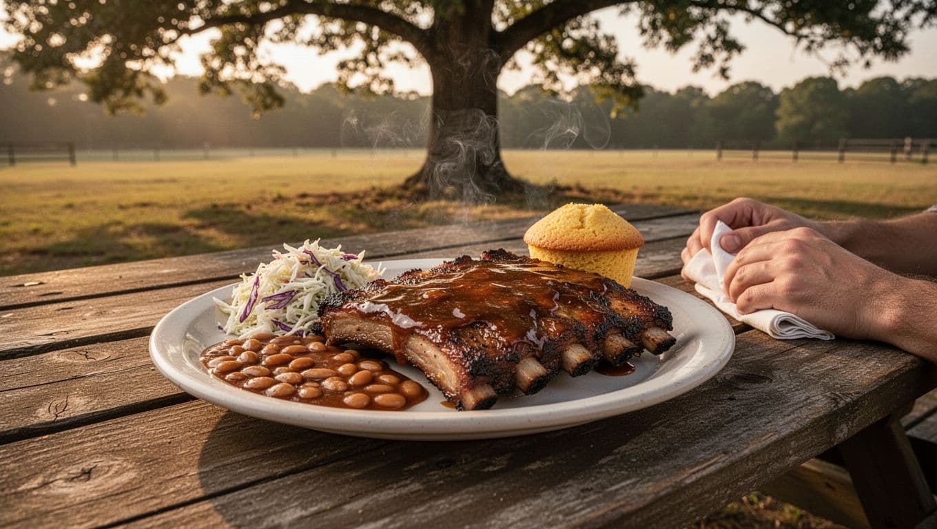 Glazed smoked ribs, coleslaw, baked beans, and cornbread on wooden picnic table under shade tree.