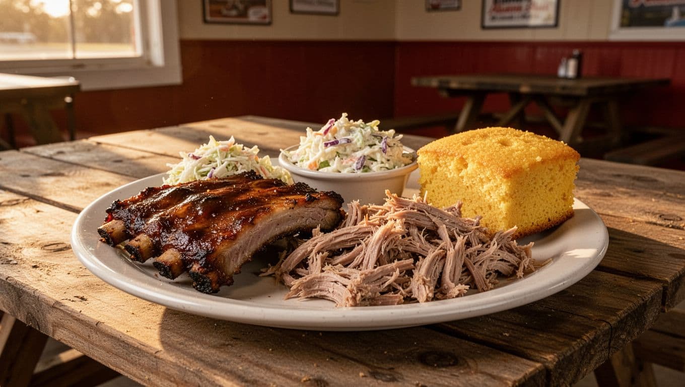 Plate of smoked BBQ ribs, pulled pork, coleslaw, and cornbread on wooden picnic table in roadside diner.
