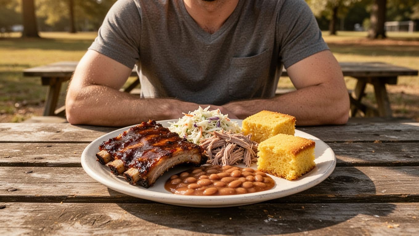 Person eating BBQ ribs, pulled pork, slaw, beans, cornbread from plate on rustic picnic table in sunny Alabama outdoors, with 'BBQ Nearby' green band at top.