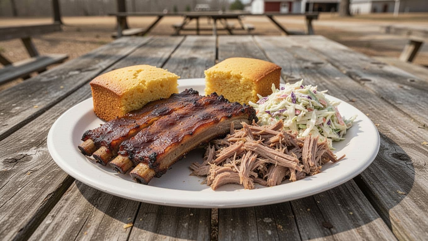 White plate with smoked ribs, pulled pork, cornbread, and coleslaw on wooden picnic table outdoors, green BBQ Picks banner at top.