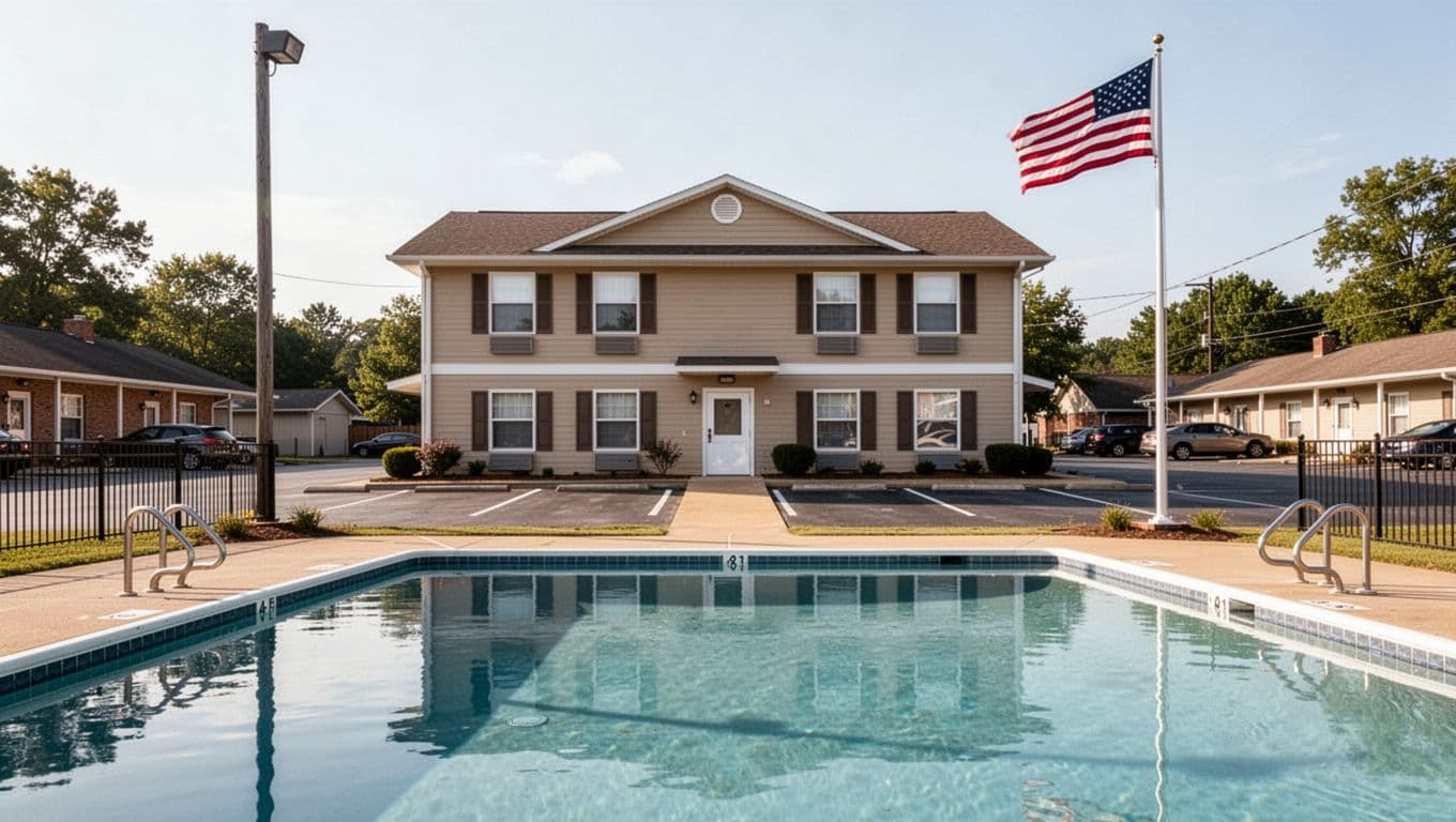 Green top banner reads 'NEARBY HOTELS' above two-story budget hotel with parking lot, American flag, and foreground pool in bright daylight.