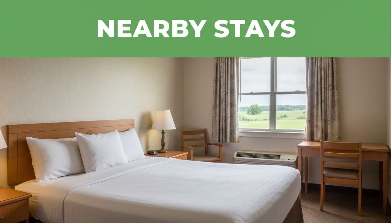 Simple motel room with centered queen bed, wooden nightstand lamp, desk, two chairs, curtained countryside window under green NEARBY STAYS header.