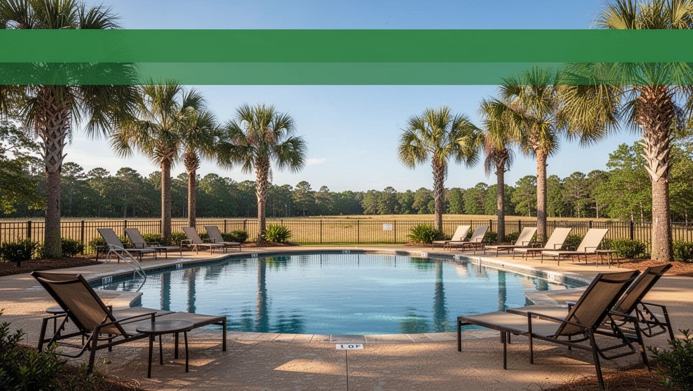 Sunny outdoor hotel pool with palm trees, four lounge chairs, clear water below edge-to-edge green 'Key Amenities' header band.