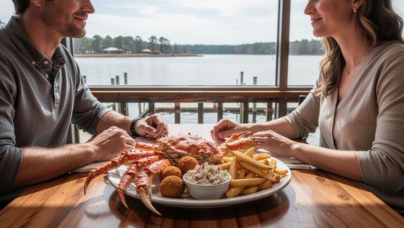 Couple dines relaxedly on seafood platter with crab legs, hushpuppies, coleslaw, fries at table with lake view, green 'Seafood Spot' banner above.