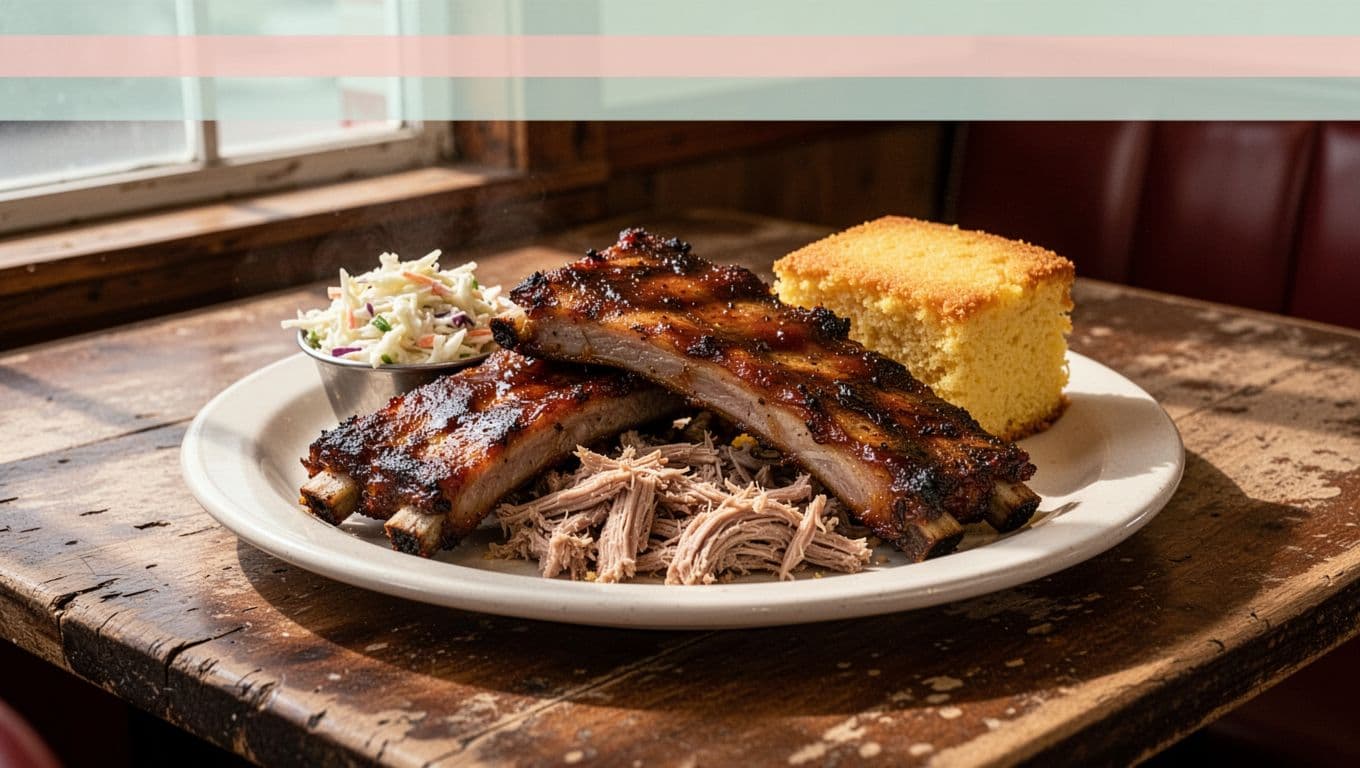 Plate of smoked ribs and pulled pork with coleslaw and cornbread on wooden table, green 'BBQ Essential' band at top.