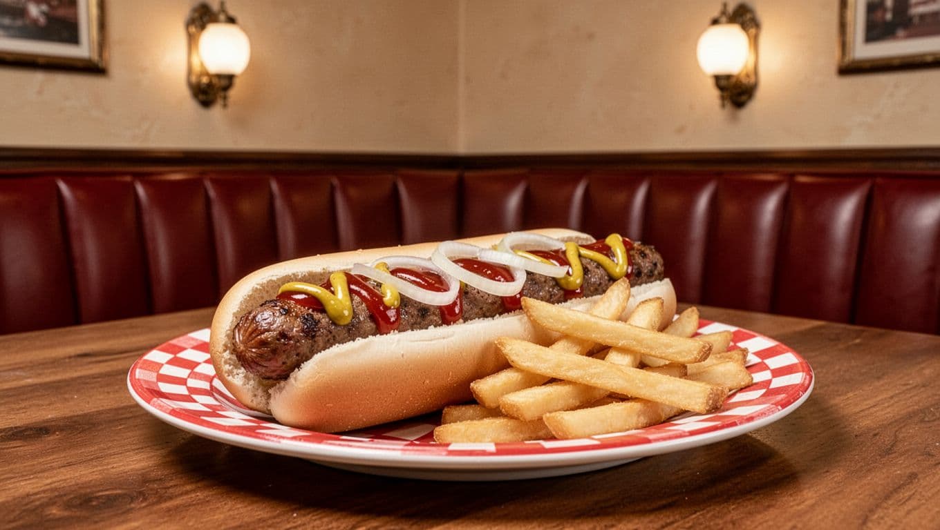 Hotdog with mustard, ketchup, onions and fries on checkered plate in Alabama diner with green Diner Pick header.