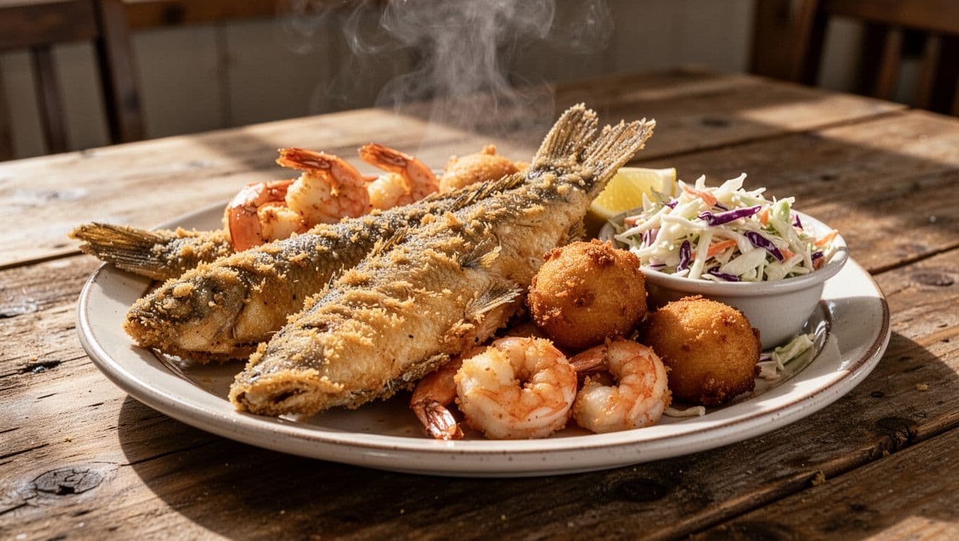 Seafood platter with fried fish, shrimp, hushpuppies, coleslaw on wooden table, steam rising, green 'SEAFOOD PLATTER' band at top.