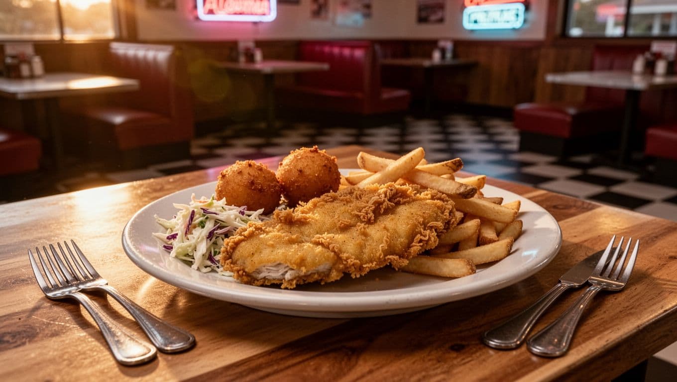 Plate of fried chicken, catfish fillets, coleslaw, hushpuppies and fries on wooden diner table under green 'Top Eats' banner in cozy Alabama restaurant.