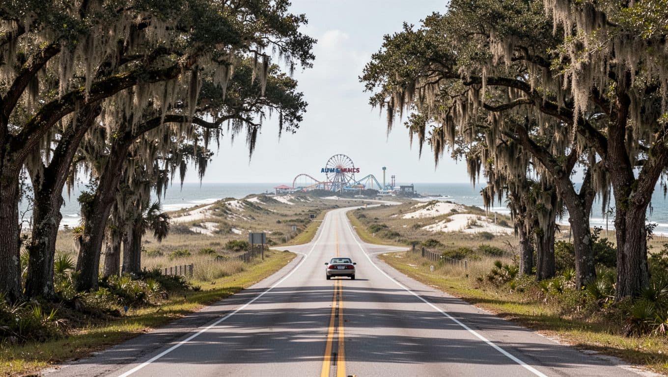 Car on coastal highway with oak trees draped in Spanish moss and distant OWA park sign, under 'Local Adventures' green top banner.