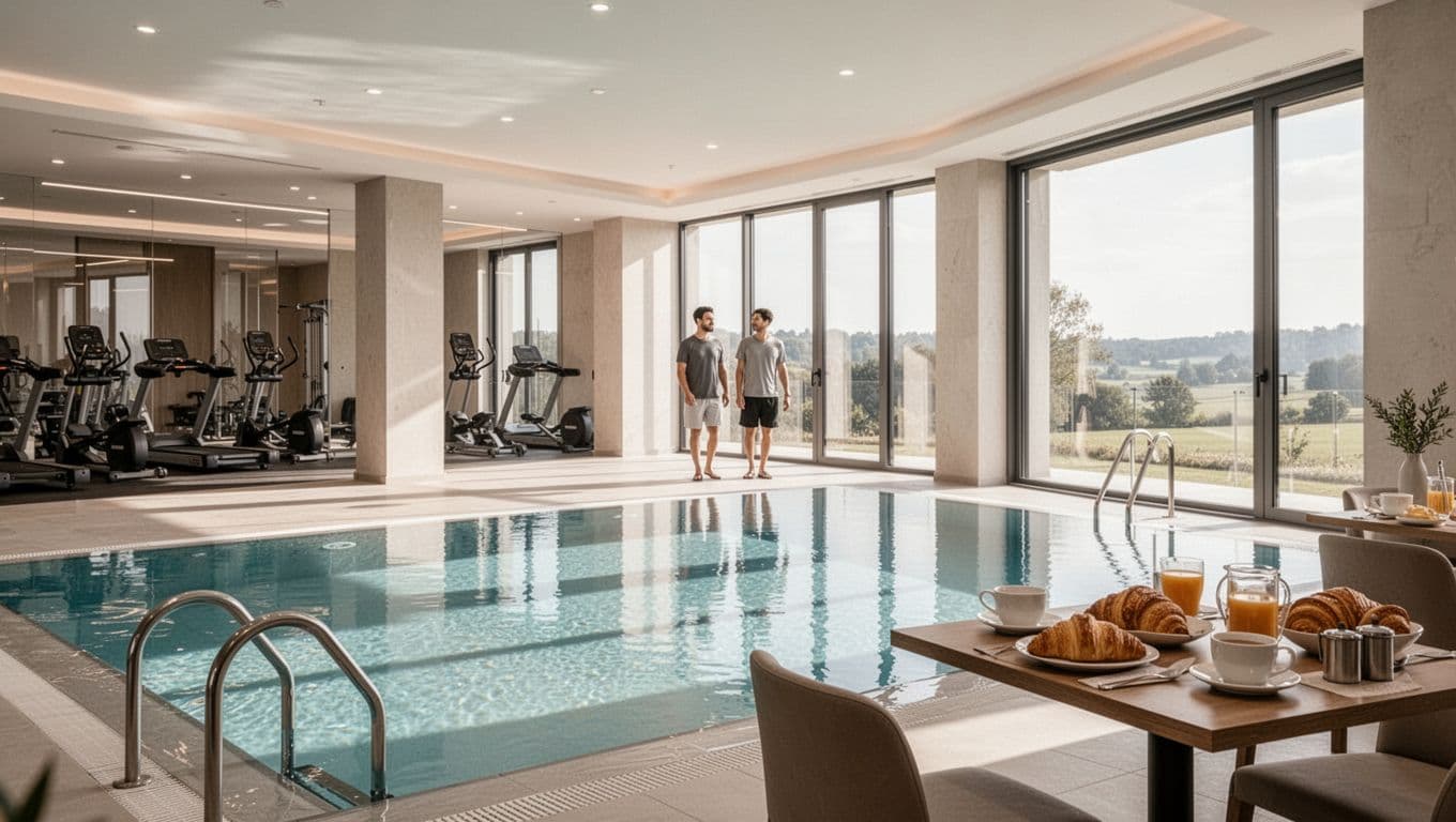 Indoor pool and lobby in modern Alabama hotel with families nearby, fitness room, breakfast table.