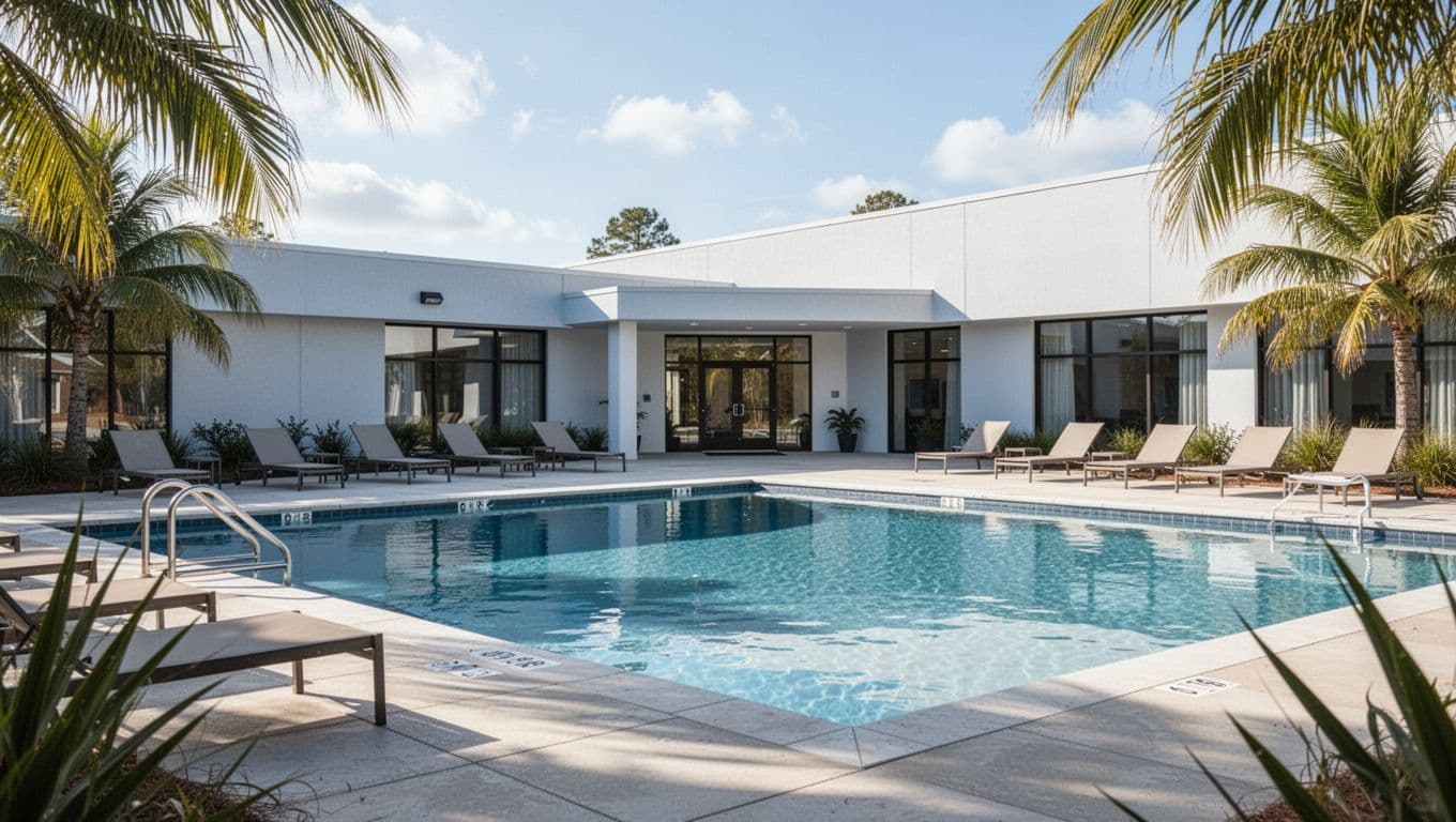 Empty modern hotel poolside with lounge chairs, palms, blue water, and entrance view in bright sunlight, green top band with 'Nearby Pools' headline.