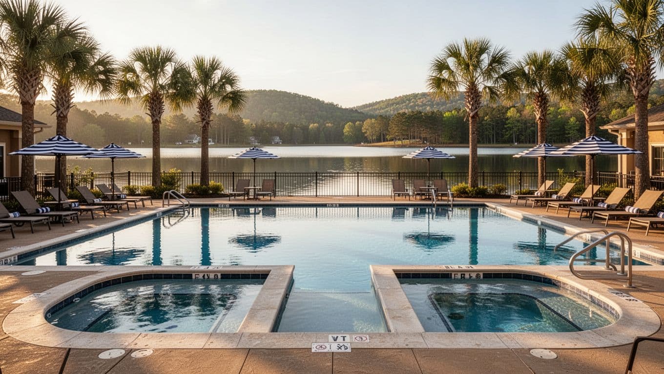 Empty pool and hot tub beside sparkling lake with lounge chairs, umbrellas, palms, hills in golden hour light. Top green banner reads Relax Pools.