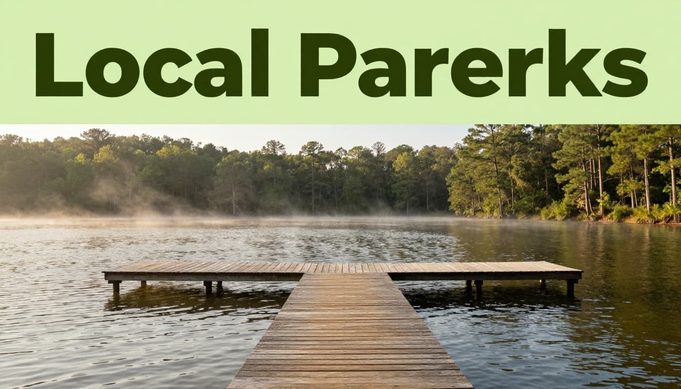 Green 'Local Parks' headline band tops wooden dock extending into calm misty lake amid pines and hills.