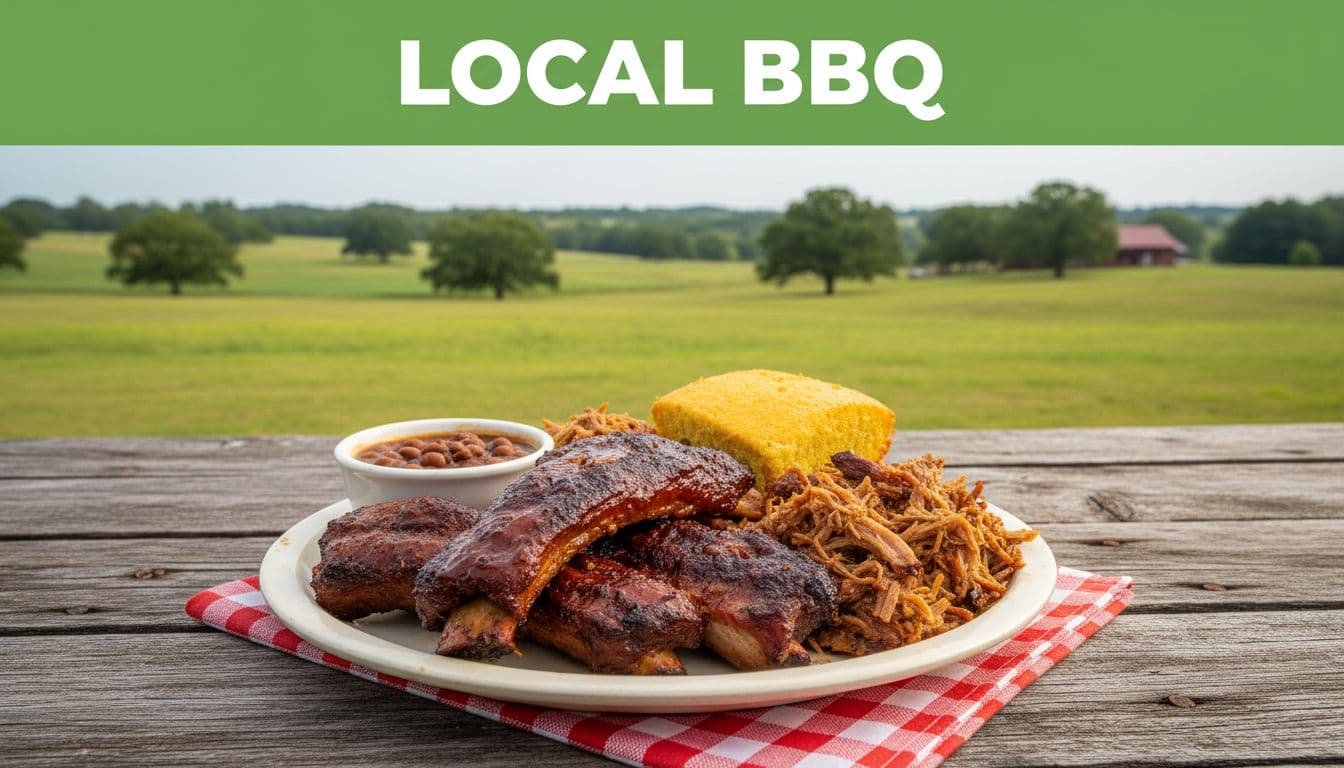 Plate of BBQ ribs, pulled pork, cornbread and baked beans on rustic picnic table in countryside, green Local BBQ band above.