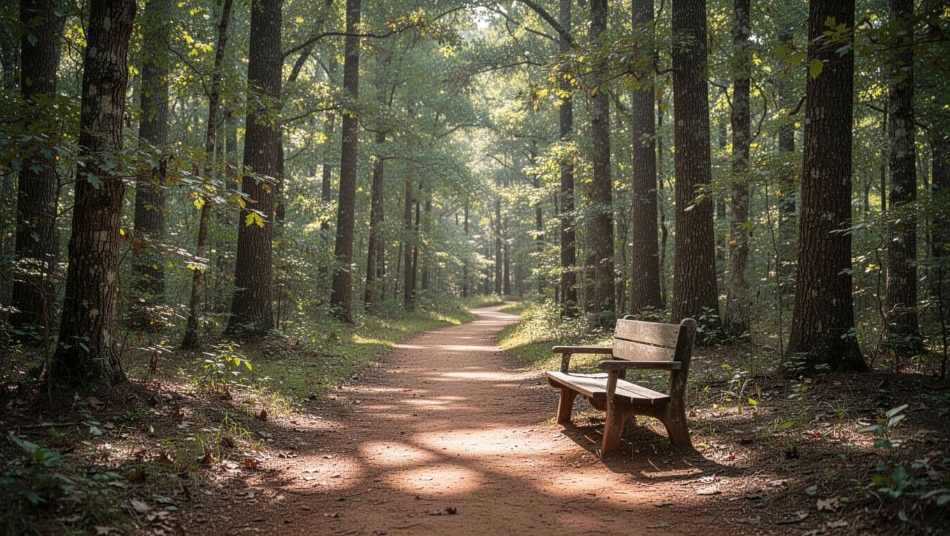 Dirt path winds through tall Alabama trees with sunlight filtering through leaves, bench ahead, green top band with 'Local Spots' headline.